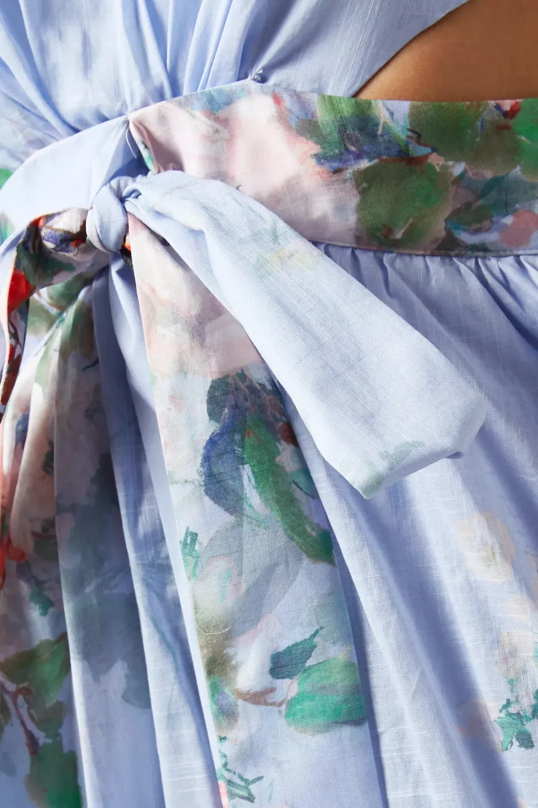 Zimmermann Everley Draped Bow Midi Dress Light Blue Watercolour Floral Size 0 / AU 8 for rent on The Volte - main image