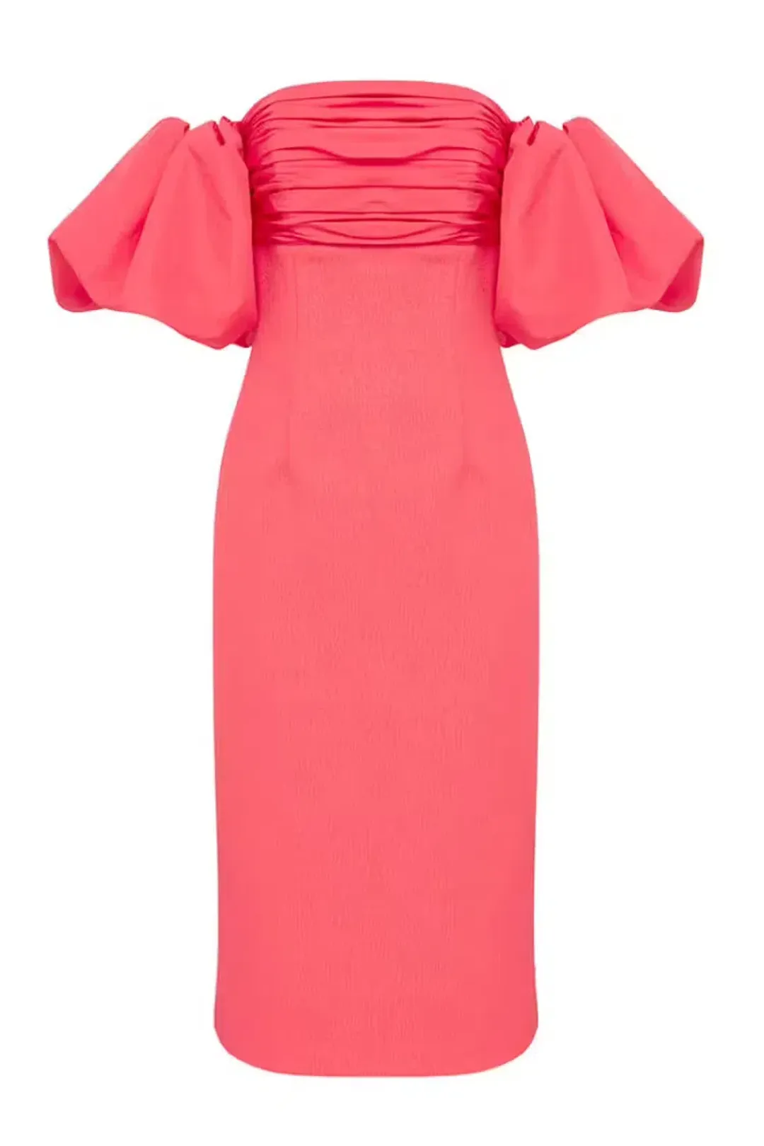 REBECCA VALLANCE CAITLIN OFF THE SHOULDER MIDI DRESS CORAL PINK SIZE 8 for rent on The Volte - main image