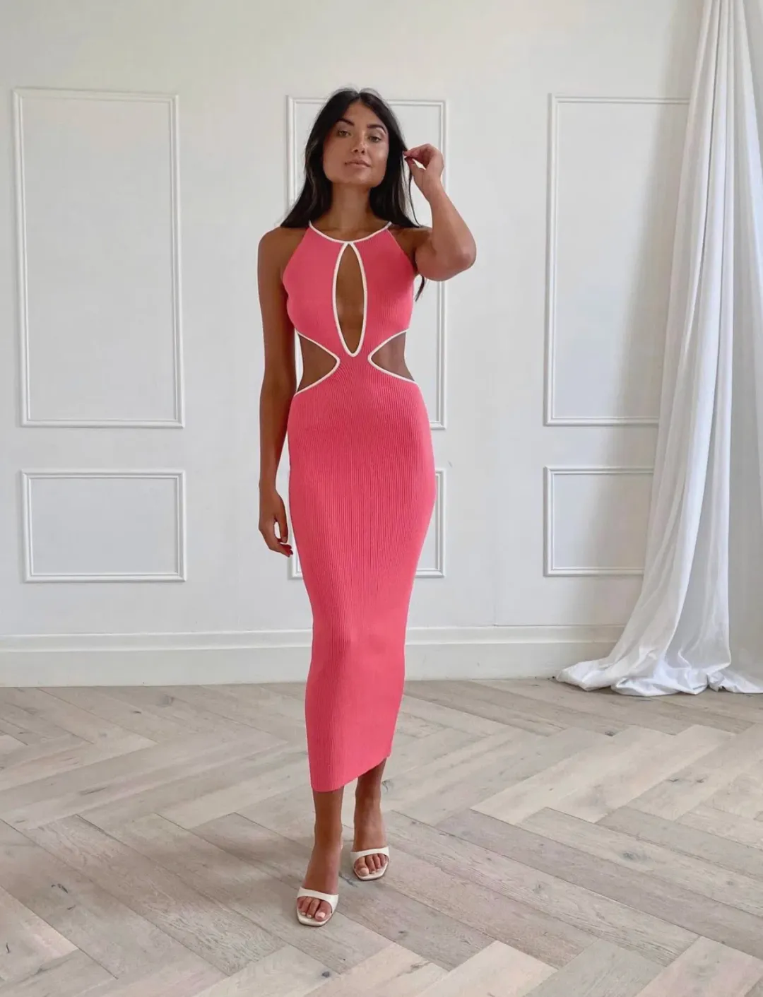 San Sloane Adrian Rib Midi Dress Coral Size XS (AU 6) for rent on The Volte - main image