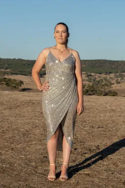 Shona Joy Dress  Sequin Sparkle Drape Front Midi Dress Size 12 for rent on The Volte - image 2