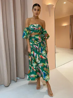 Alemais Arlo Puff Sleeve Crop Top & Midi Skirt Set Green Multi Size 8 for rent on The Volte - image 2