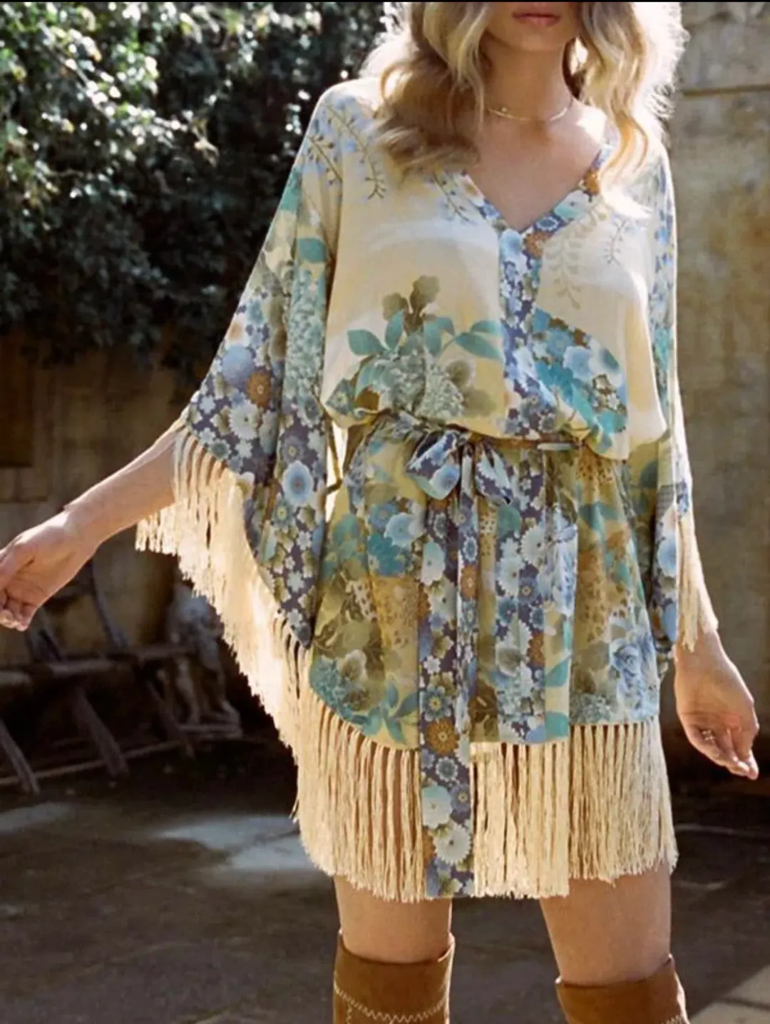 Spell & The Gypsy Free People Willow Tassel Kimono Mini Wrap Dress Multi Size XS / AU 6 for rent on The Volte - main image
