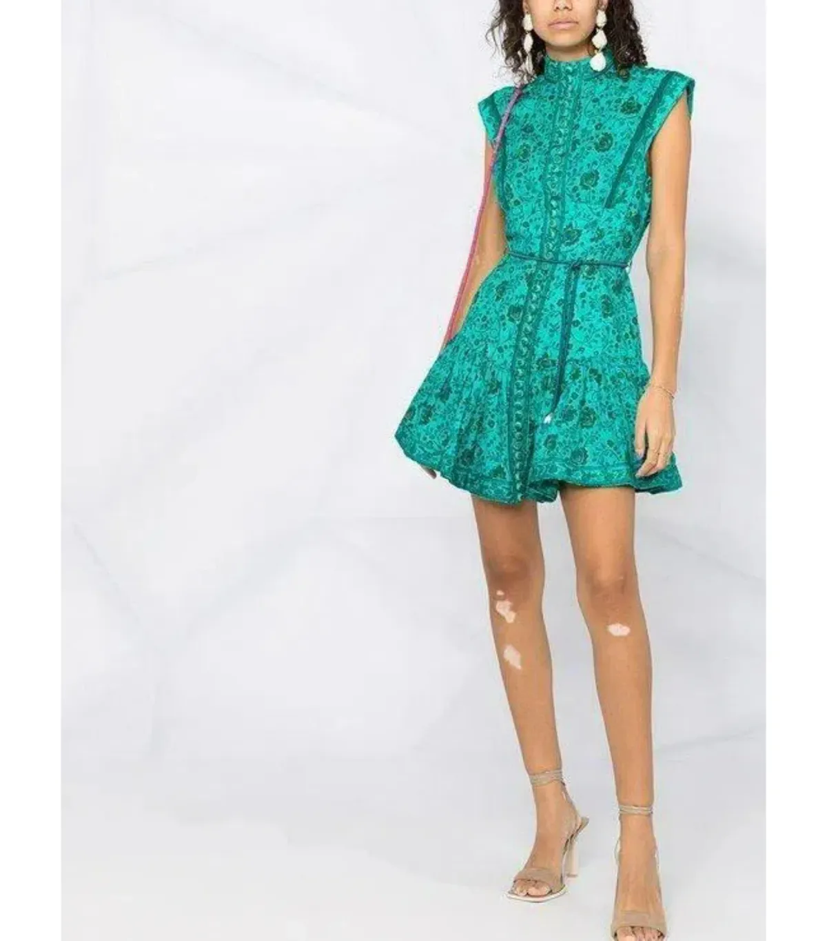 Zimmermann Lulu Panelled Flip High Neck Mini Dress Jade Floral Print Size 1 / AU 10 for rent on The Volte - main image