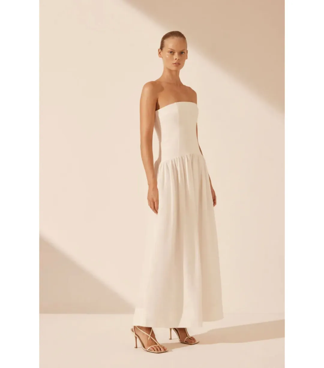 Shona Joy Blanc Linen Strapless Panelled Maxi Dress White Size AU 10 for rent on The Volte - main image