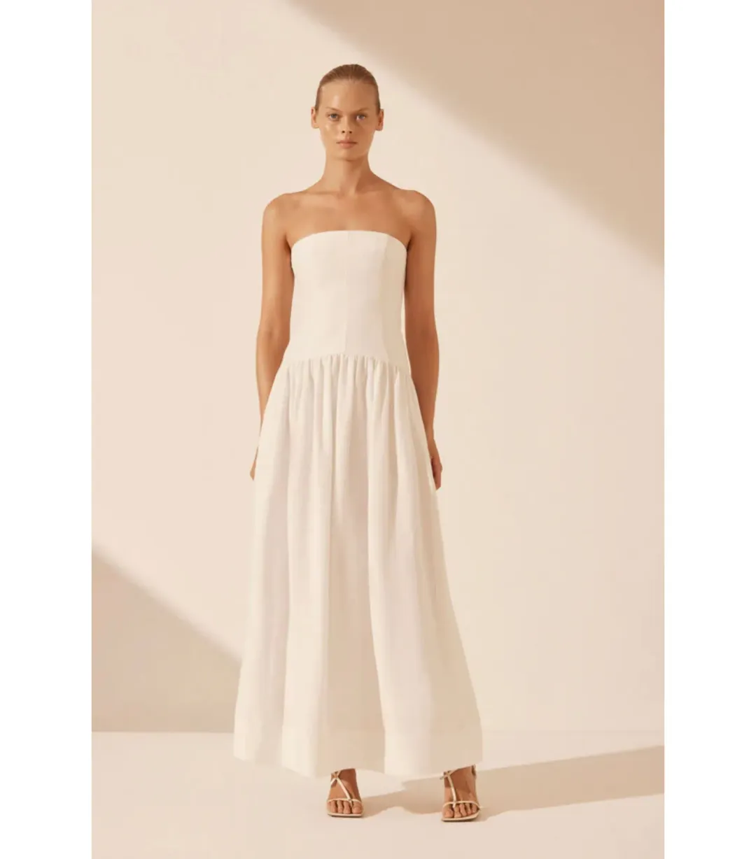 Shona Joy Blanc Linen Strapless Panelled Maxi Dress White Size AU 10 for rent on The Volte - main image