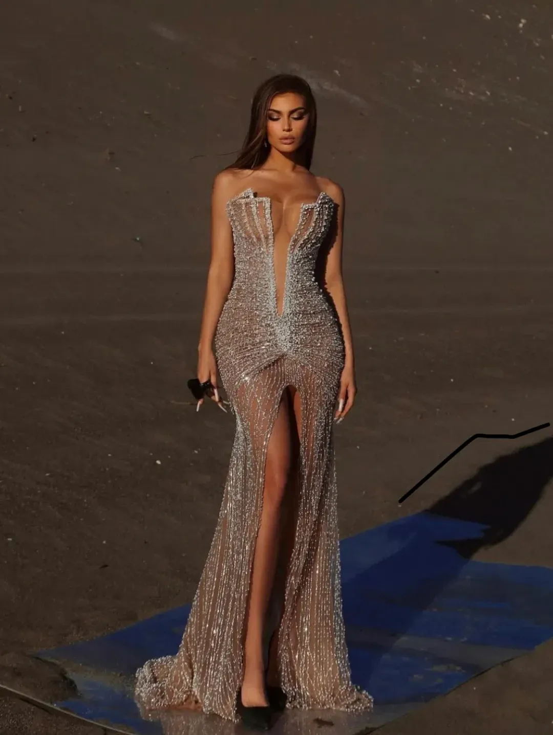 Albina Dyla Pearl Beaded Deep V Gown for rent on The Volte - main image
