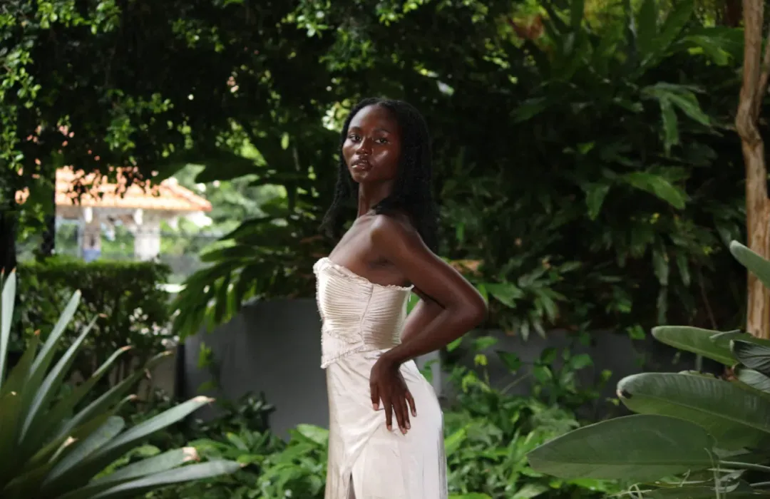 Larissa Satin Maxi Dress With Ruched Petals - Champagne MESHKI for rent on The Volte - main image