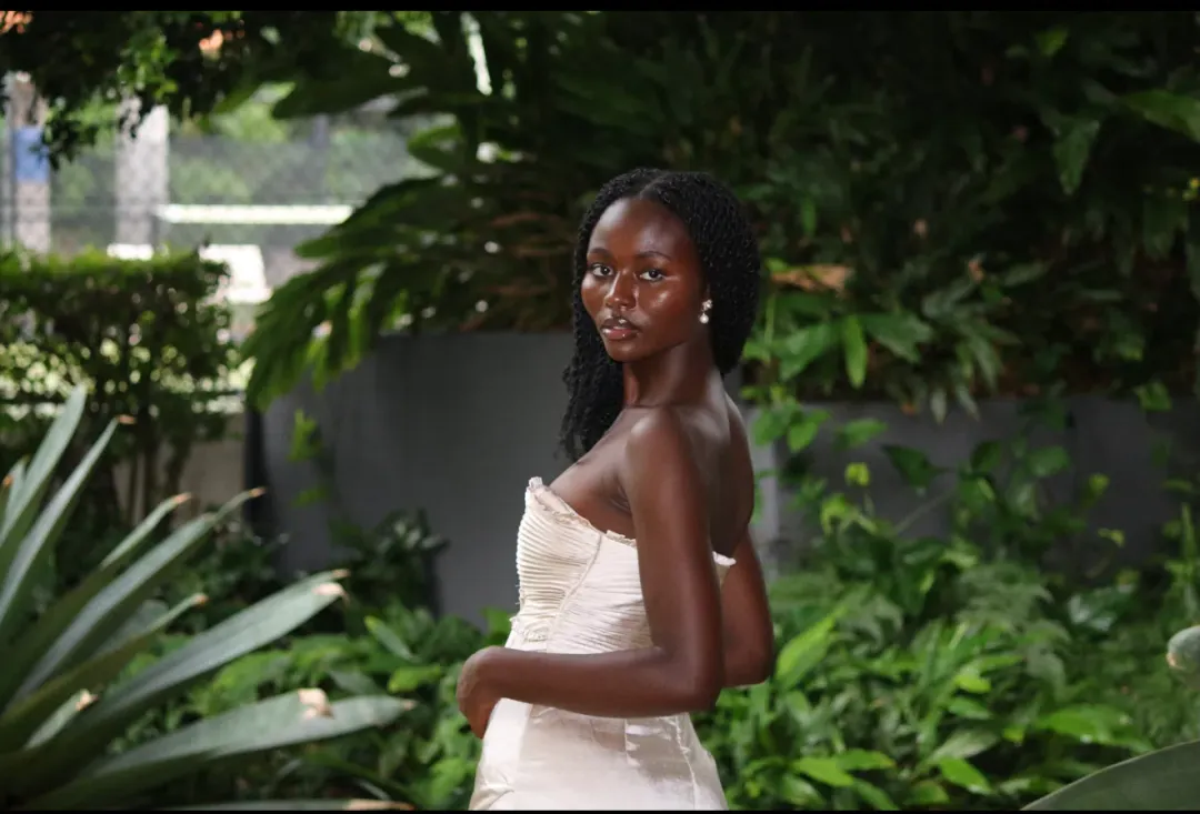 Larissa Satin Maxi Dress With Ruched Petals - Champagne MESHKI for rent on The Volte - main image