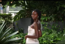 Larissa Satin Maxi Dress With Ruched Petals - Champagne MESHKI for rent on The Volte - image 4