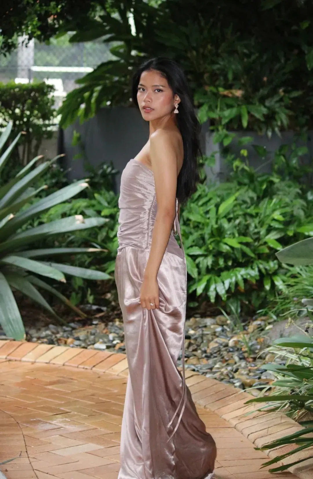 Serena Strapless Taffeta Maxi Dress - Bronze Taupe MESHKI size S for rent on The Volte - main image