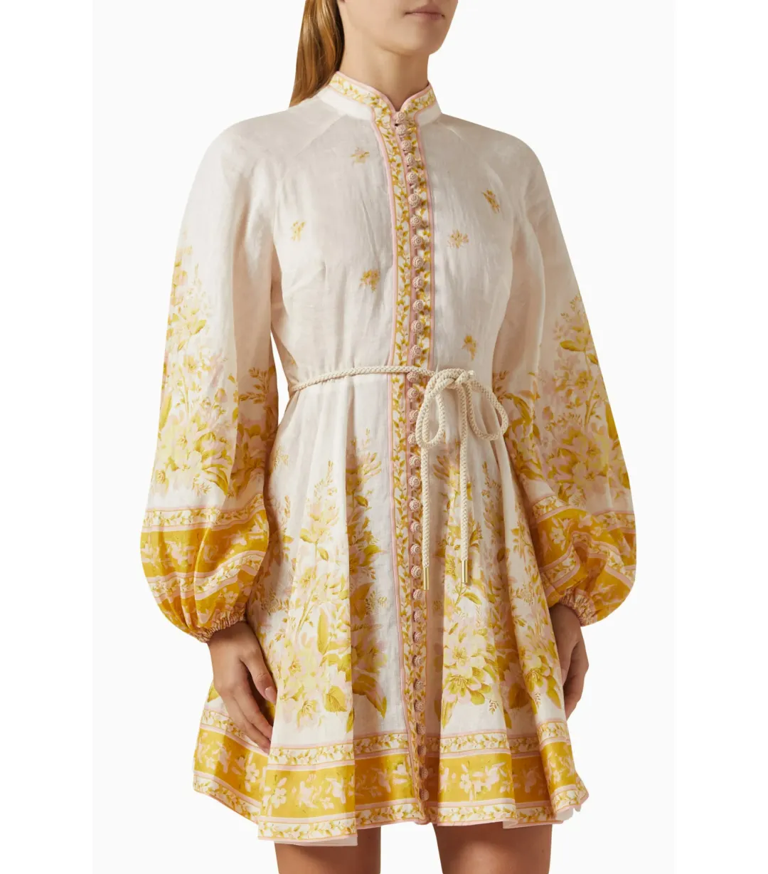 Zimmermann Golden Button Mini Dress In Pink/Gold Floral Size 0 / AU 8 for rent on The Volte - main image