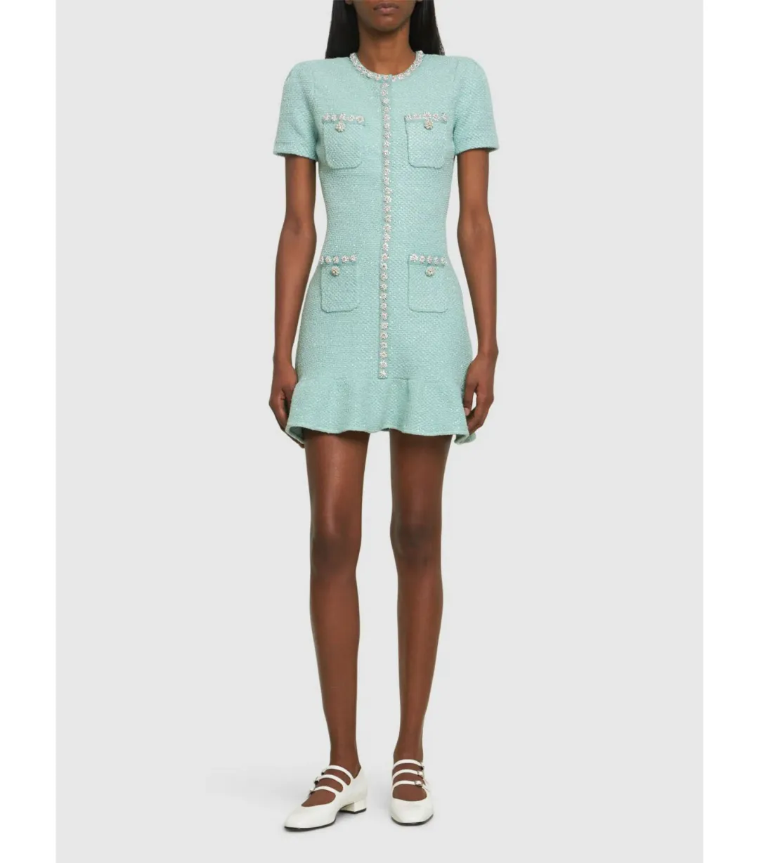 Self Portrait Tweed Embellished Mini Dress Green Size AU 8 for rent on The Volte - main image