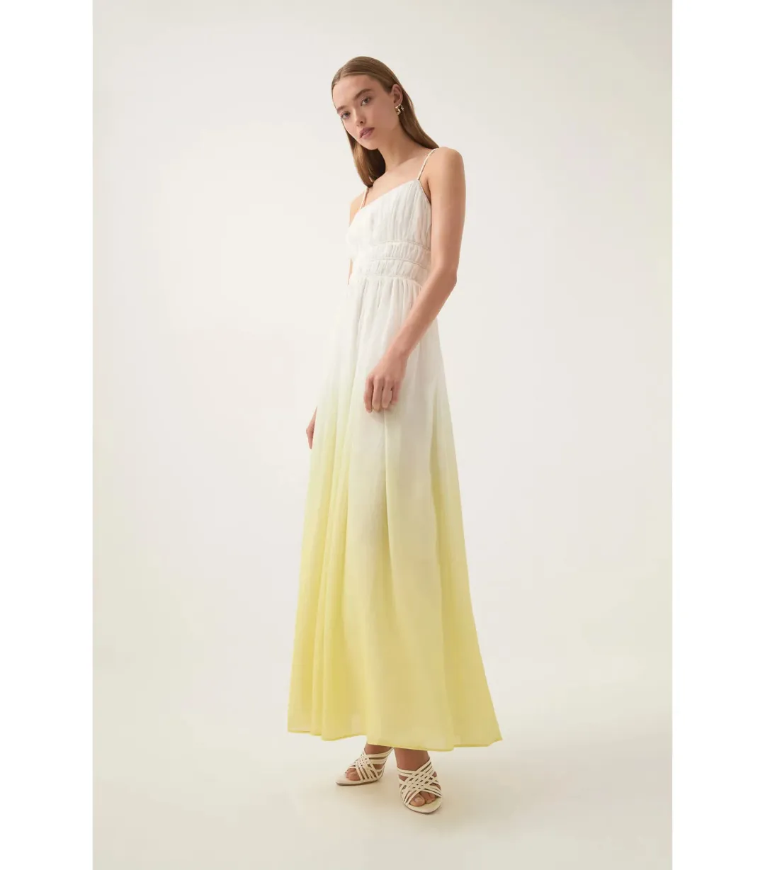 Aje Acapella Ruched Midi Dress Sunrise Ombre Size AU 8 for rent on The Volte - main image