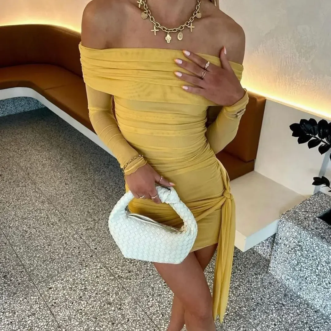 BENNI Yasmin Off Shoulder Mini Dress in Mustard Yellow Size 10 for rent on The Volte - main image