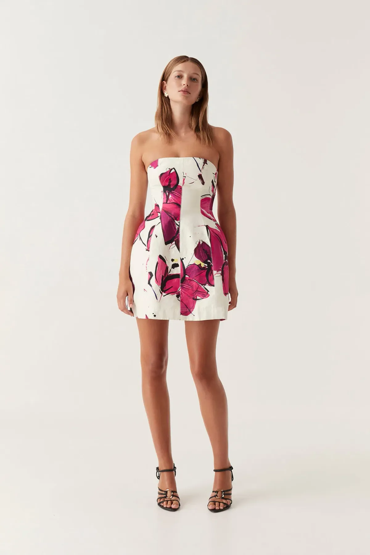 Aje Baret Strapless Mini Dress Falling Florals Size 10 for rent on The Volte - main image