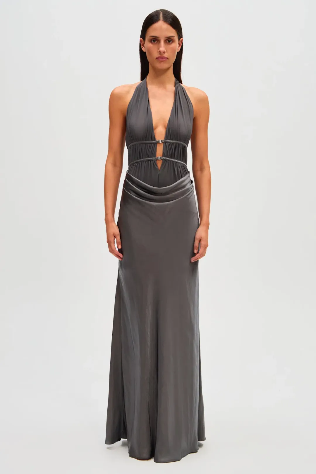 Misha Celine Satin Maxi Dress Pewter Size 8 for rent on The Volte - main image