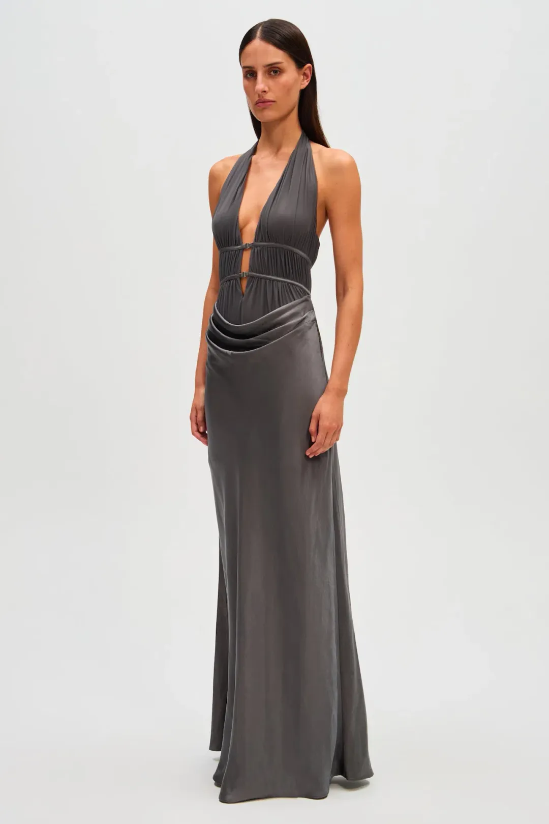 Misha Celine Satin Maxi Dress Pewter Size 8 for rent on The Volte - main image