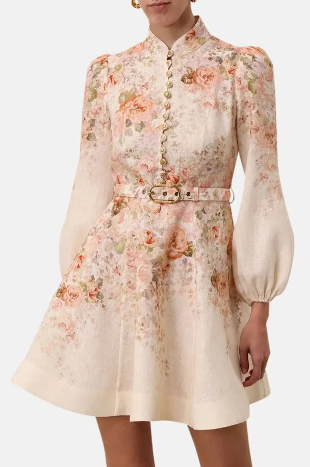 Zimmermann Illustration Buttoned Mini Dress Cream Rococo Floral Size 2 / AU 12 for rent on The Volte - main image