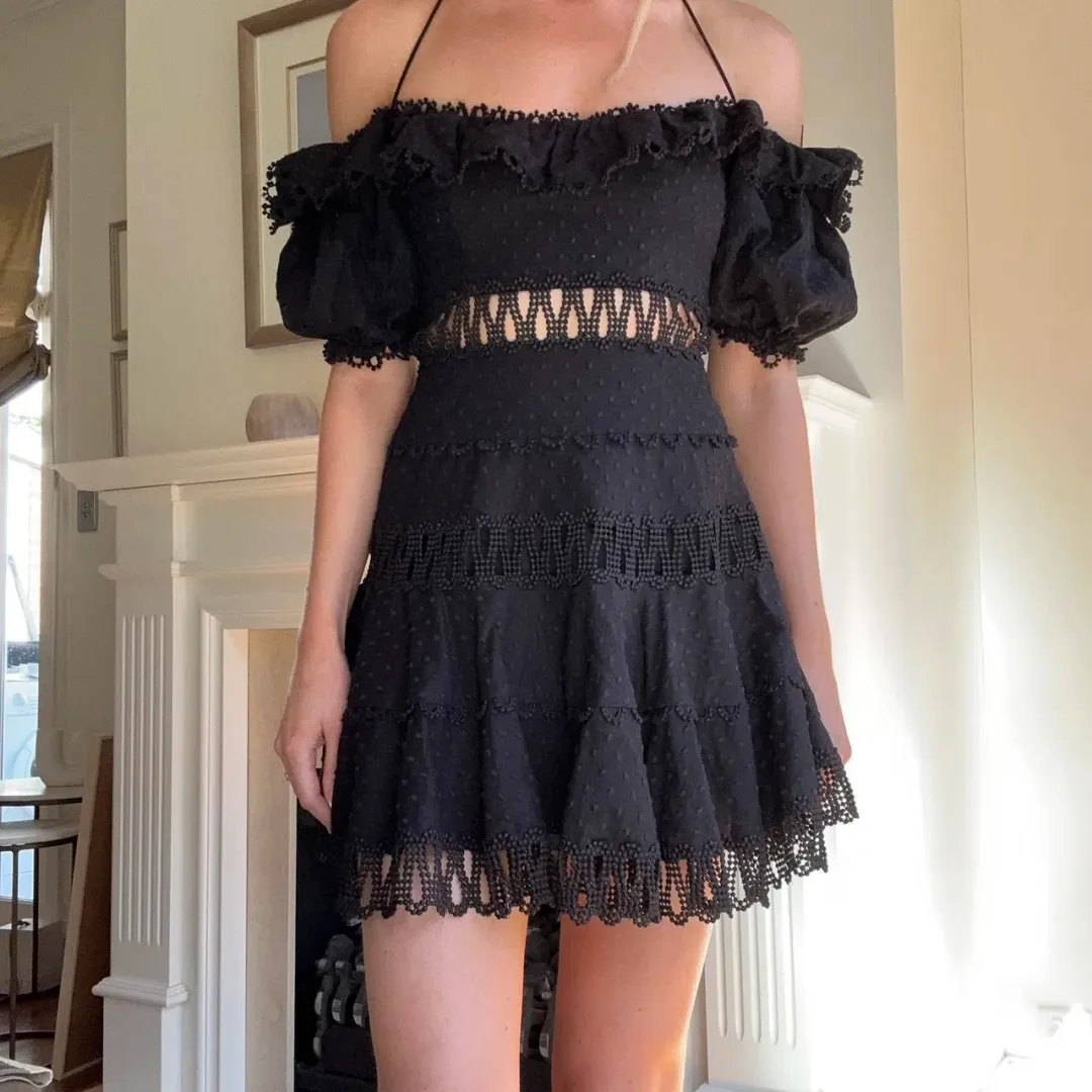 Zimmermann Melody Off Shoulder Linen And Cotton Blend Mini Dress Black Size 1 / AU 10 for rent on The Volte - main image