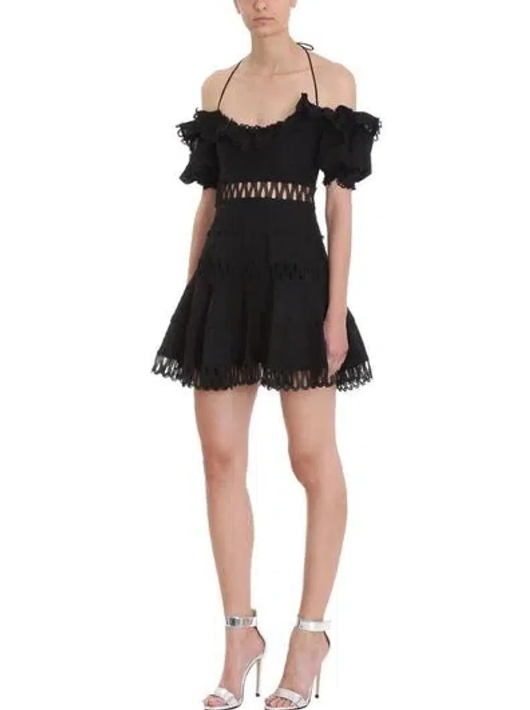 Zimmermann Melody Off Shoulder Linen And Cotton Blend Mini Dress Black Size 1 / AU 10 for rent on The Volte - main image