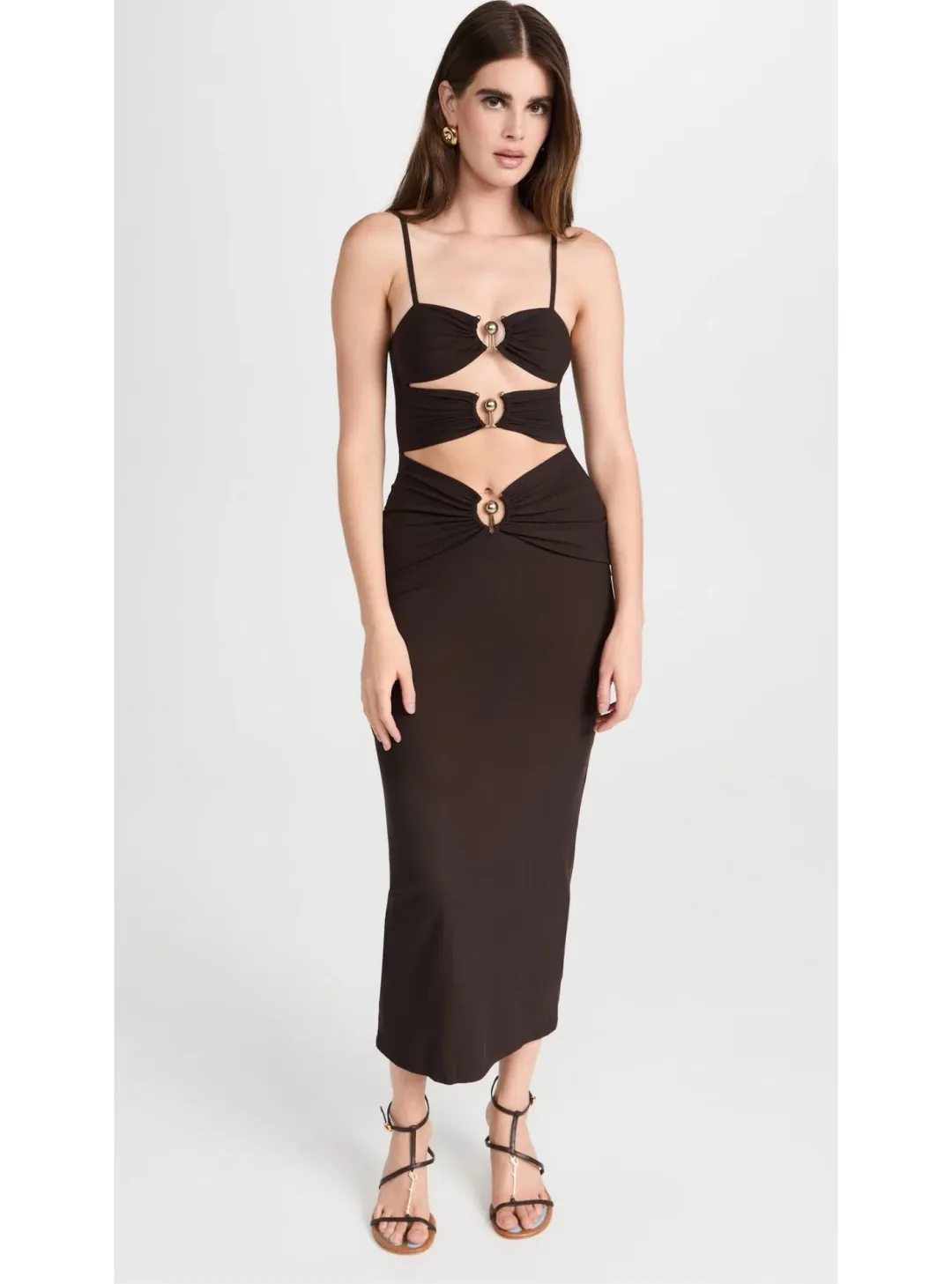 Christopher Esber Pierced Orbit Cutout Midi Dress in Chocolate Brown Size 6 for rent on The Volte - main image