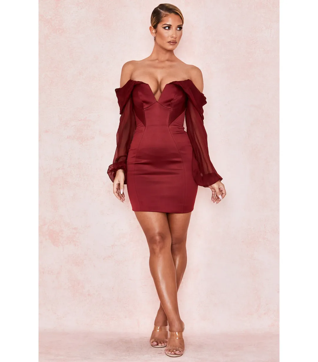 House Of CB Olivia Satin Off Shoulder Dress Wine Size M / AU 10 for rent on The Volte - main image