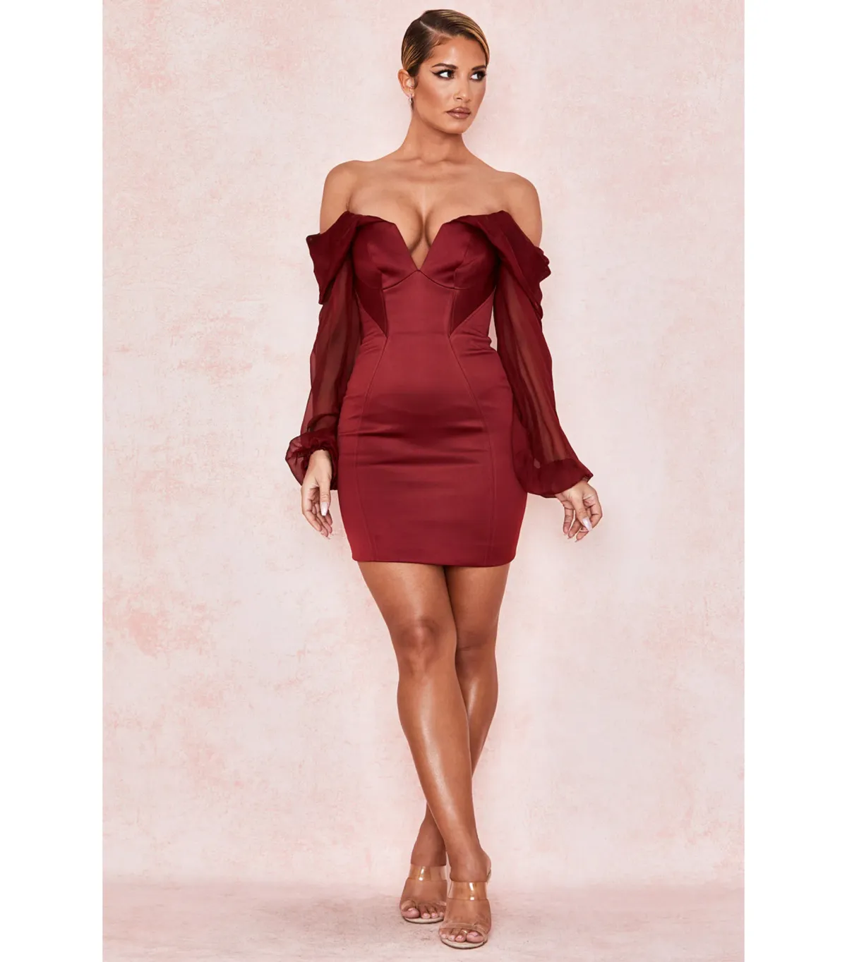 House Of CB Olivia Satin Off Shoulder Dress Wine Size M / AU 10 for rent on The Volte - main image