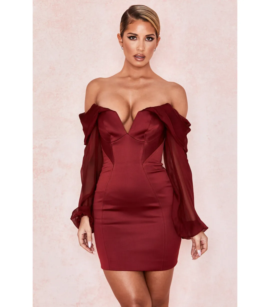 House Of CB Olivia Satin Off Shoulder Dress Wine Size M / AU 10 for rent on The Volte - main image