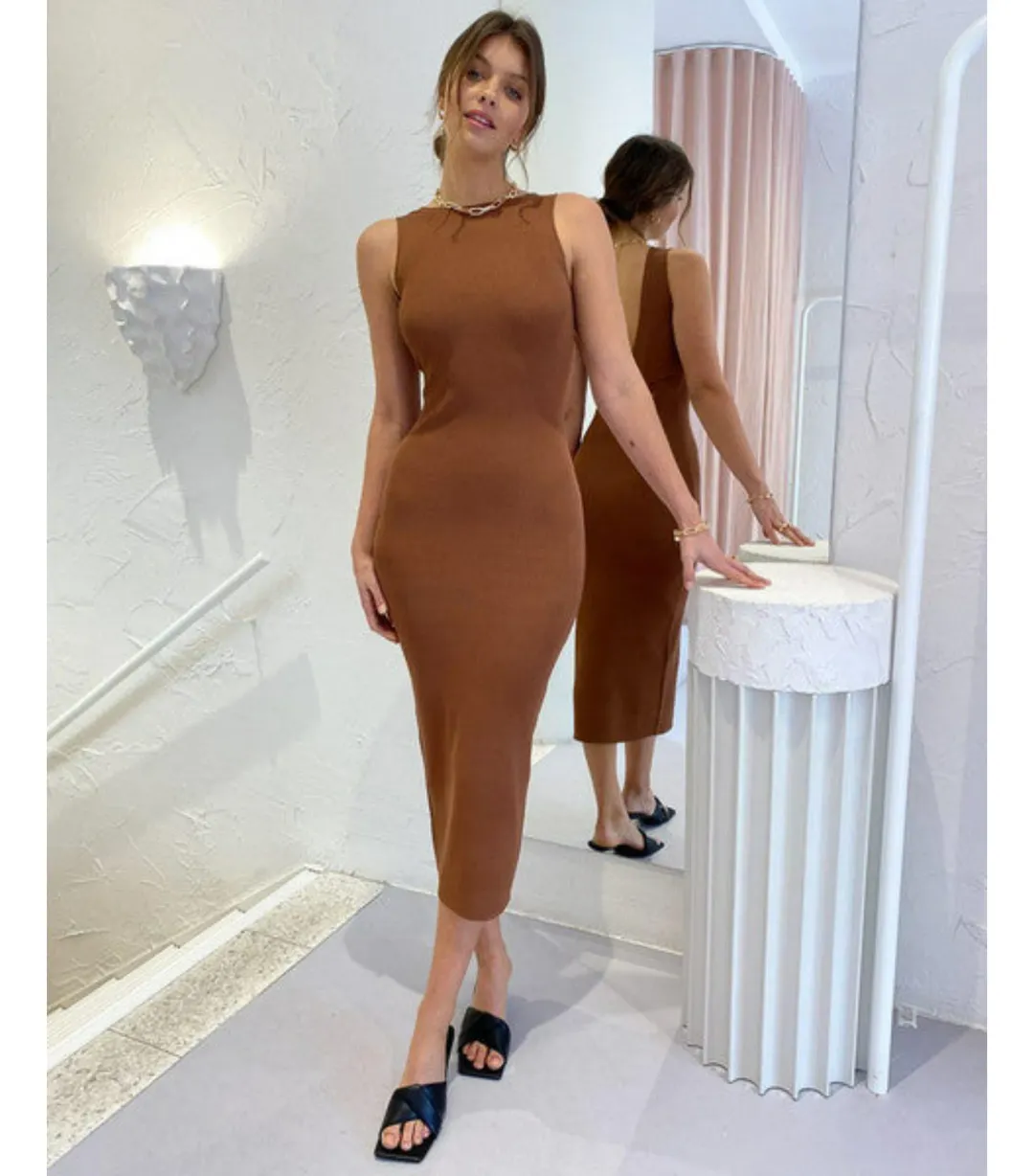 Bec & Bridge Sorbet Midi Dress in Chocolate Size AU 8  for rent on The Volte - main image