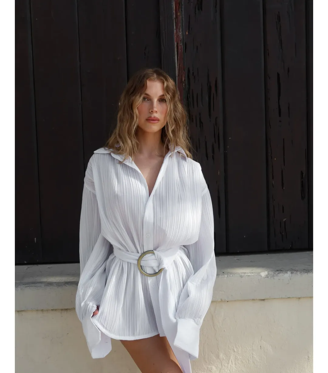 BAMBA SWIM Titan Shirt Dress in White Size S / AU 8  for rent on The Volte - main image