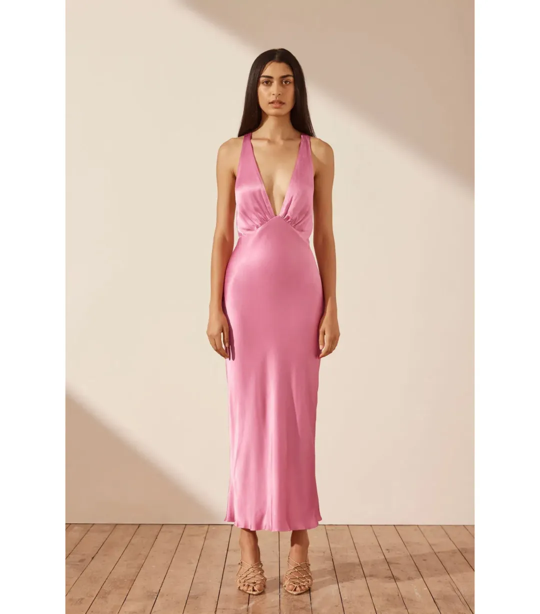 Shona Joy Arienzo Plunged Cross Back Midi Dress Pink Size AU 10 for rent on The Volte - main image