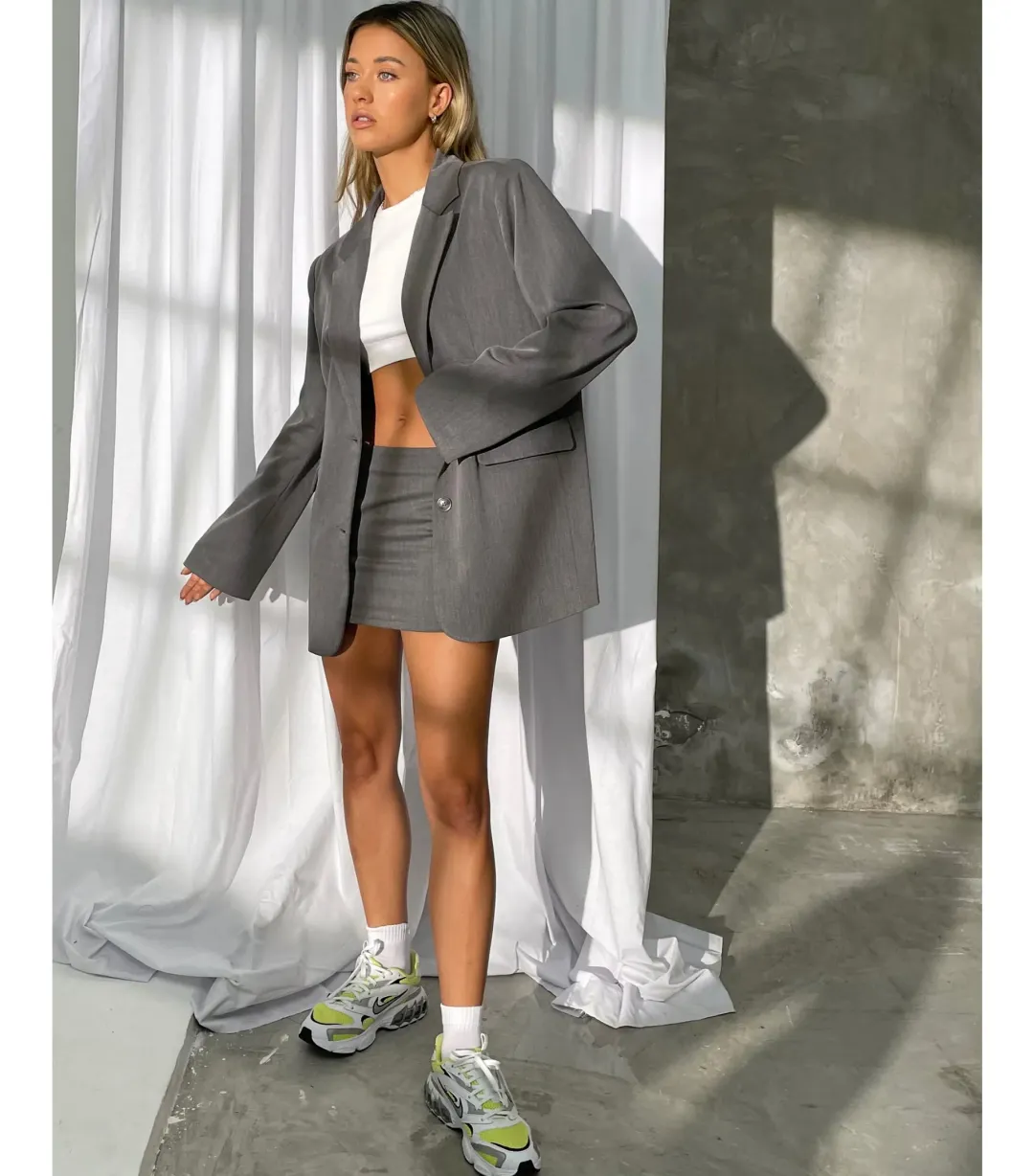 Motel Rocks Maiwa Blazer Size XS / AU 8 and Ima Mini Skirt Size M / AU 12 Set in Charcoal for rent on The Volte - main image