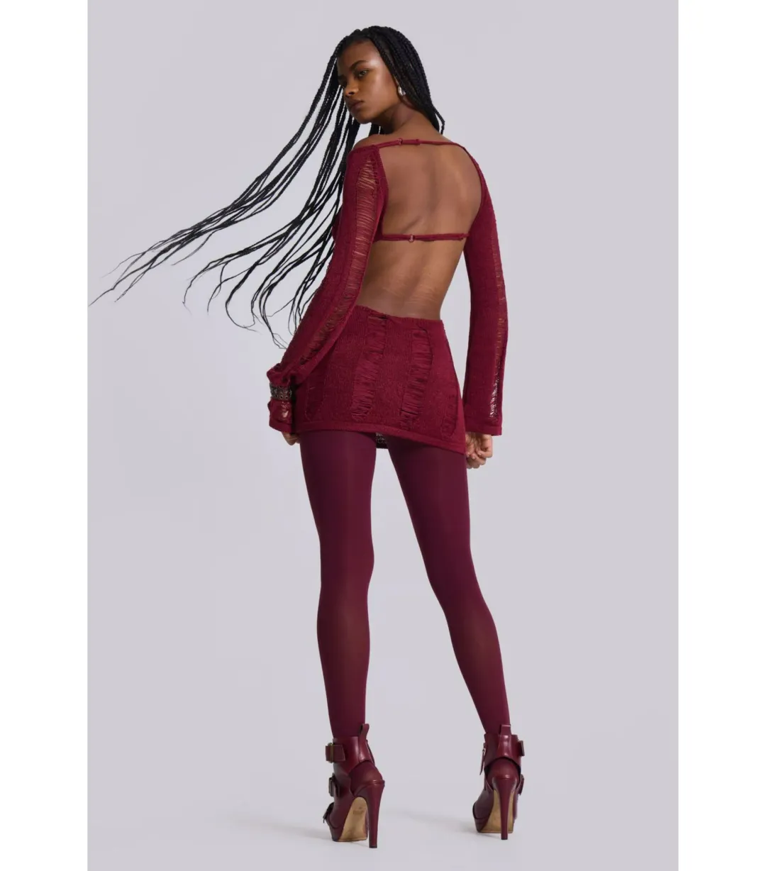 Jaded London Umbra Shredded Mini Dress in Burgundy Size S / AU 8 for rent on The Volte - main image