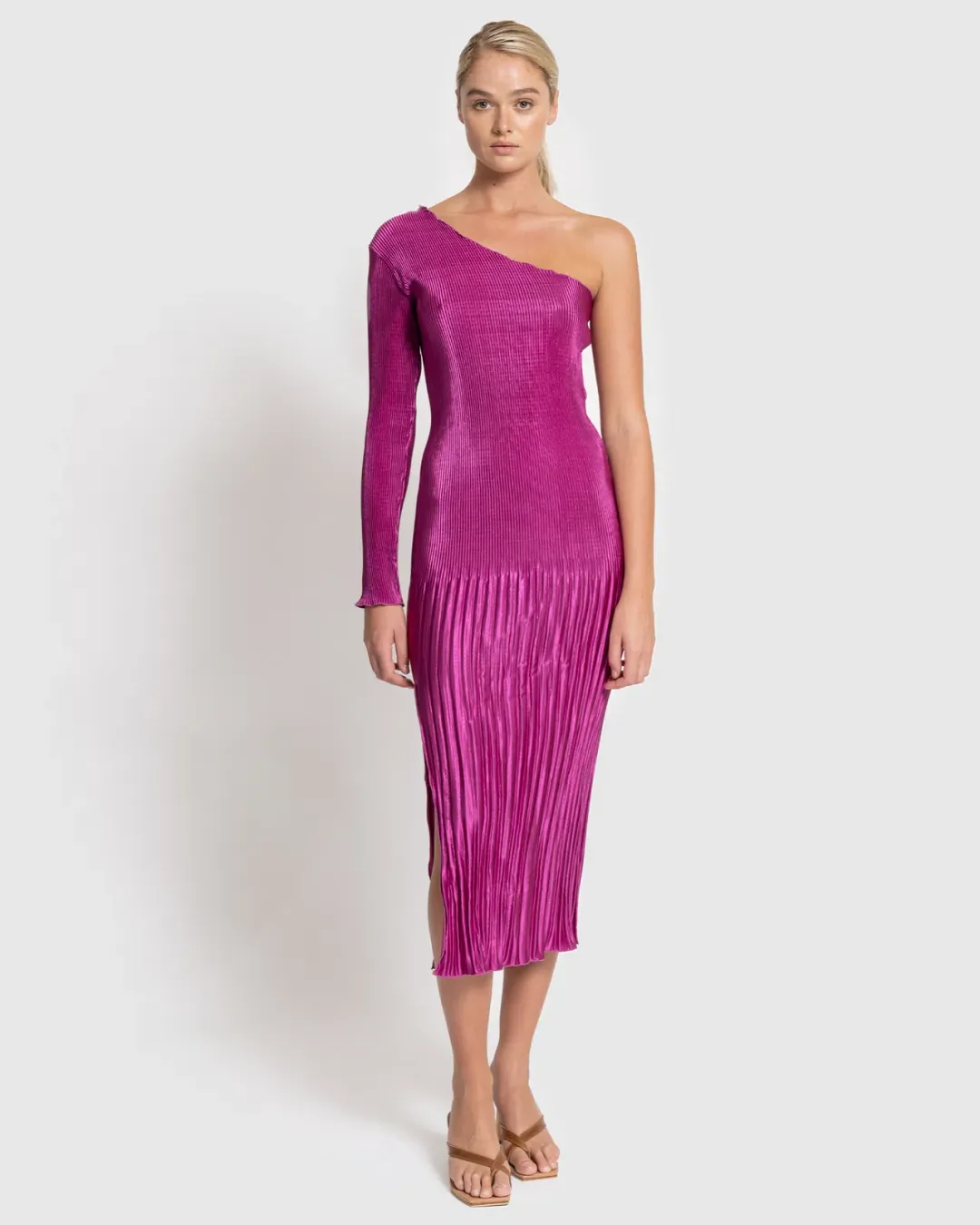 L'idee Soirée One Shoulder Long Sleeve Dress in Magenta Size 8 for rent on The Volte - main image
