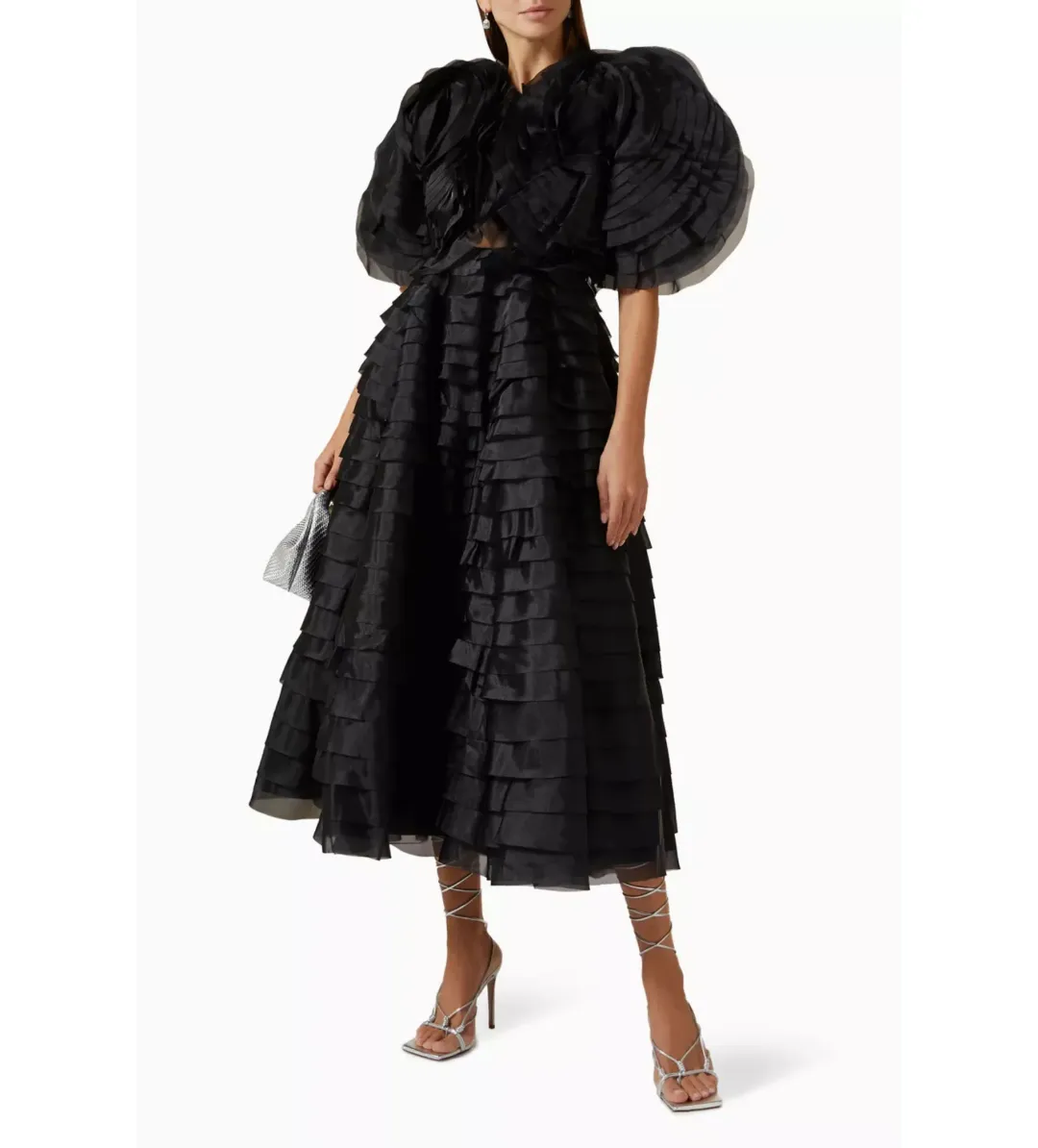 Aje Amour Ruffle Midi Dress Black Size 4 for rent on The Volte - main image