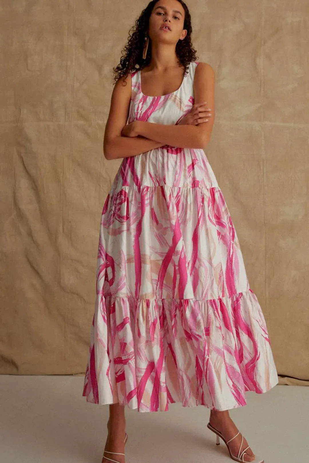 AJE Allegro Ring Midi Tiered Dress Fuchsia Size 8  for rent on The Volte - main image