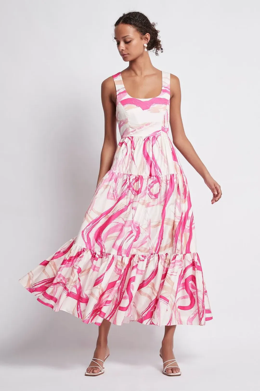 AJE Allegro Ring Midi Tiered Dress Fuchsia Size 8  for rent on The Volte - main image