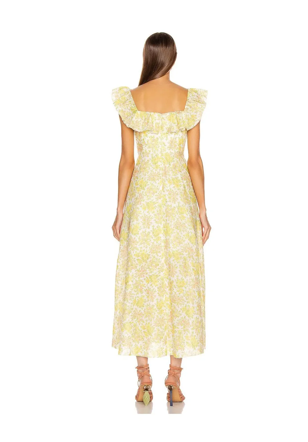 Zimmermann Goldie Ruffle Neck Midi Dress Yellow Floral Size 1 / AU 10  for rent on The Volte - main image
