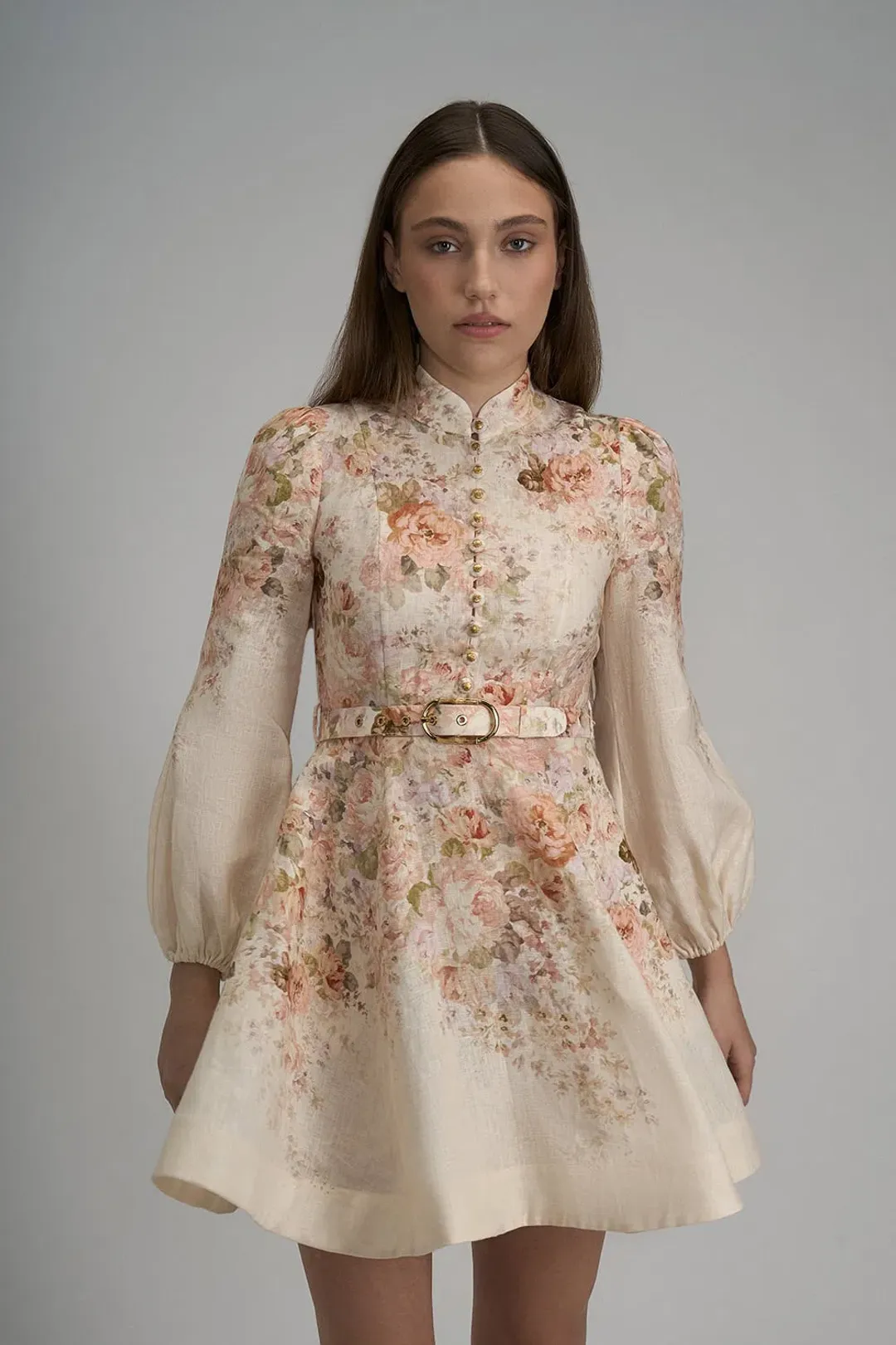 Zimmermann The Illustration Buttoned Mini Dress in Cream Rococo Floral Size 3 / AU 14 for rent on The Volte - main image