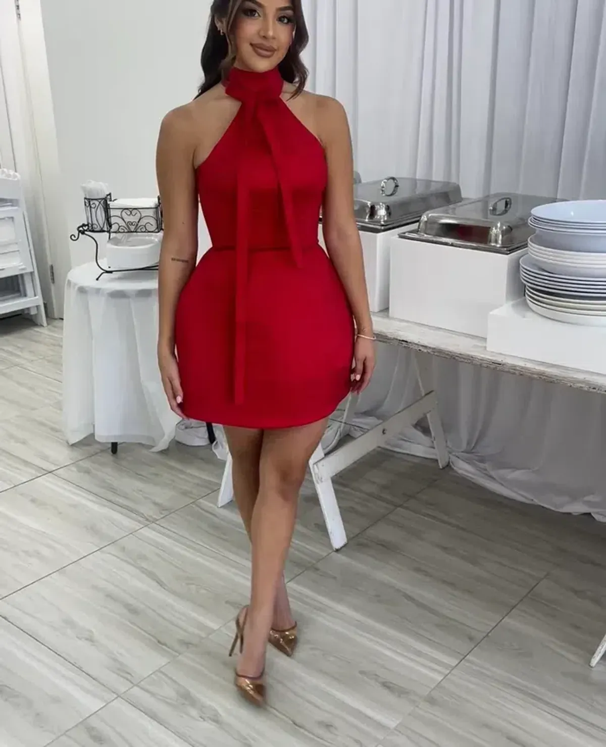 Gold Couture LS Halter Mini Dress Red Size S / AU 8 for rent on The Volte - main image