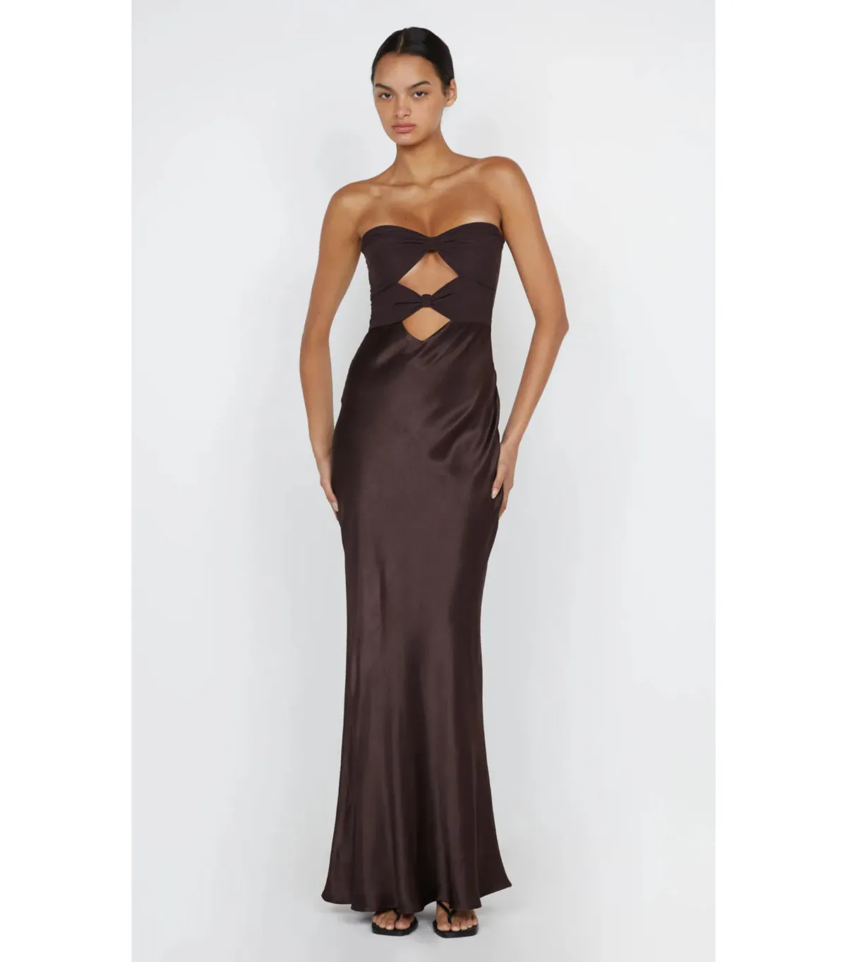 Bec & Bridge Halle Strapless Dress Chocolate Size AU 6 for rent on The Volte - main image
