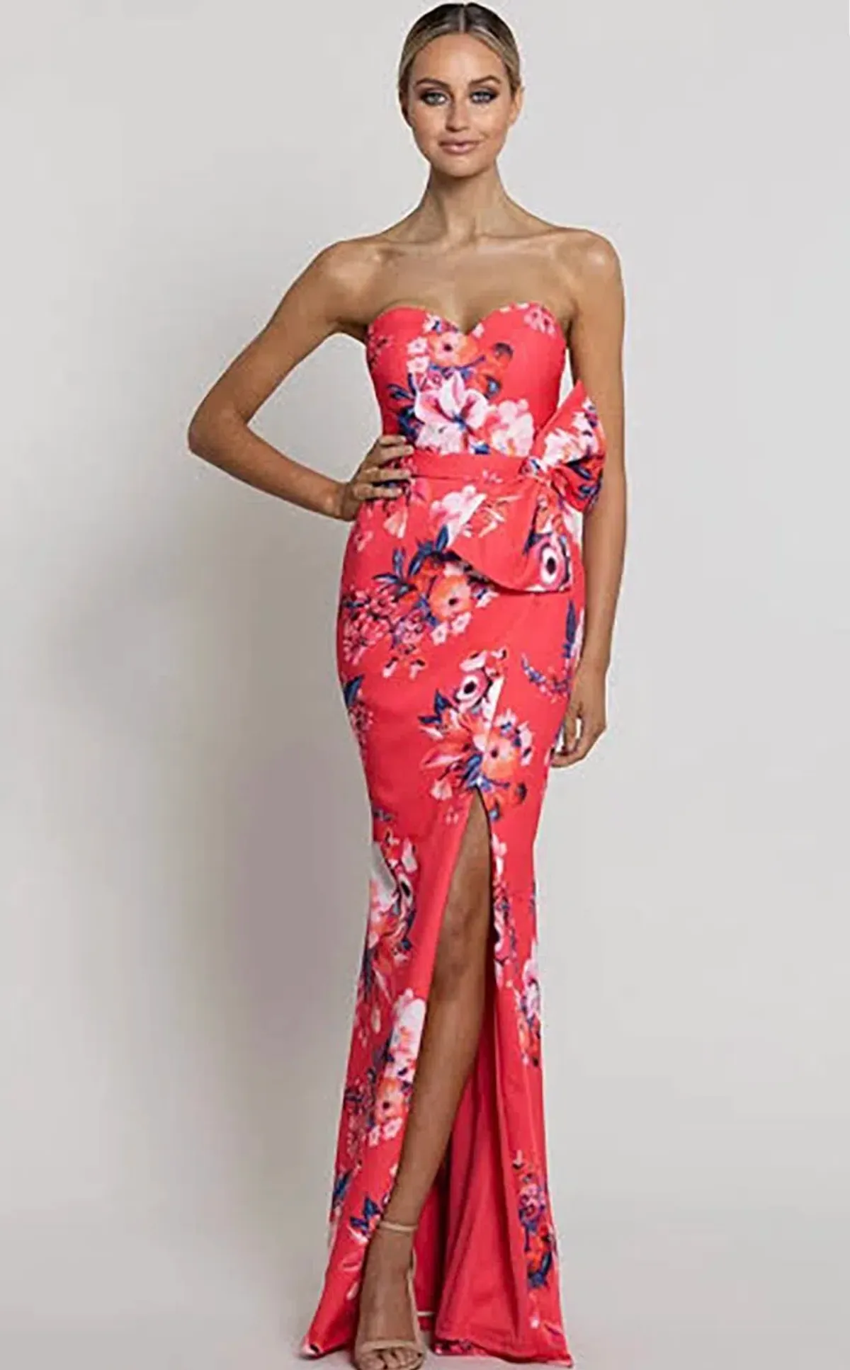 Bariano Kaiane Sweetheart Gown in Coral Print Size AU 6  for rent on The Volte - main image