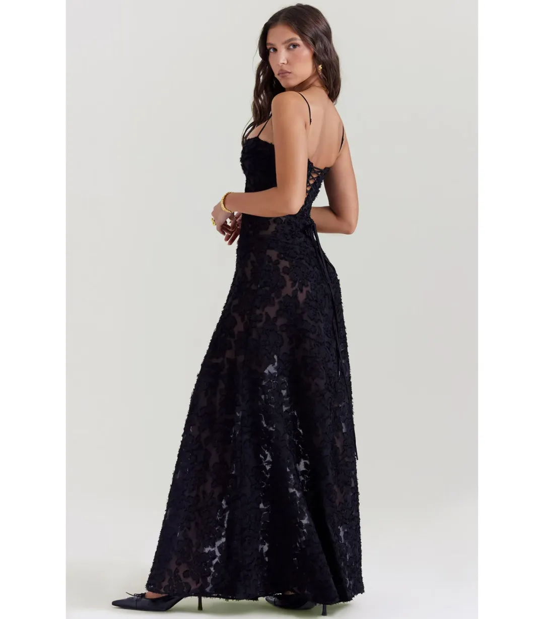 House Of CB Seren Floral Lace Back Maxi Dress Black Size AU 6 for rent on The Volte - main image