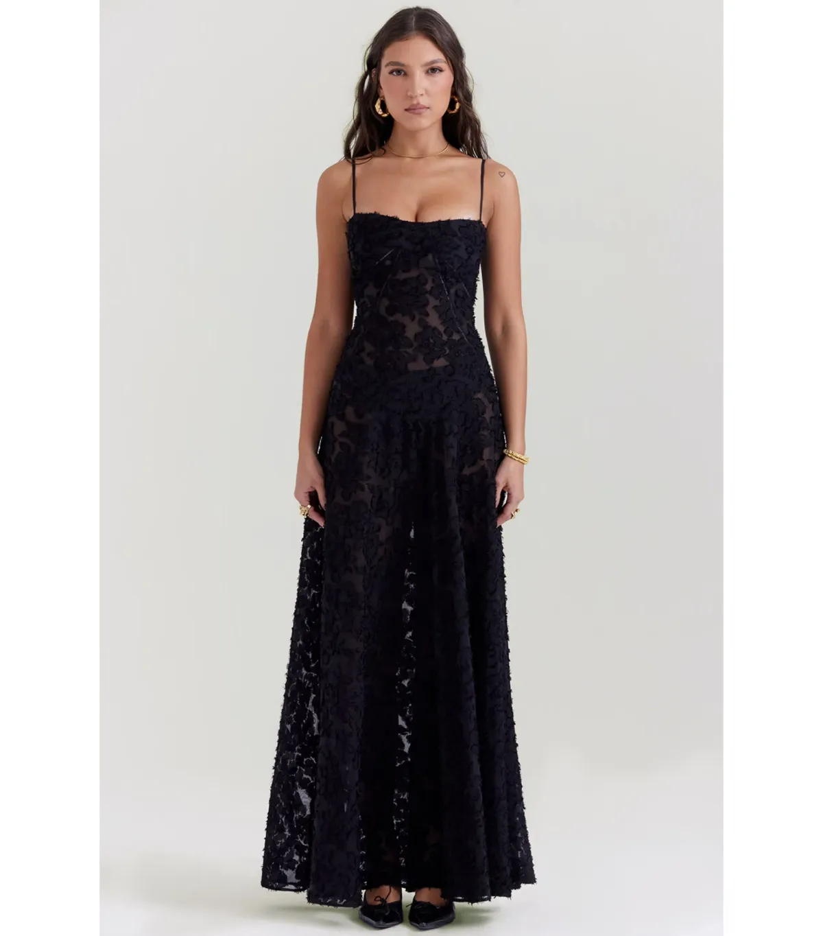House Of CB Seren Floral Lace Back Maxi Dress Black Size AU 6 for rent on The Volte - main image