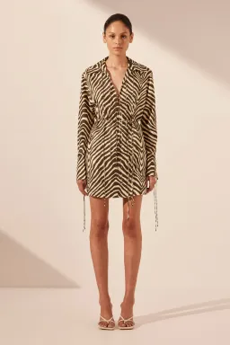 Shona Joy Sana Silk Shirt Tie Mini Dress Bone/Chocolate Size 8 for rent on The Volte - image 4