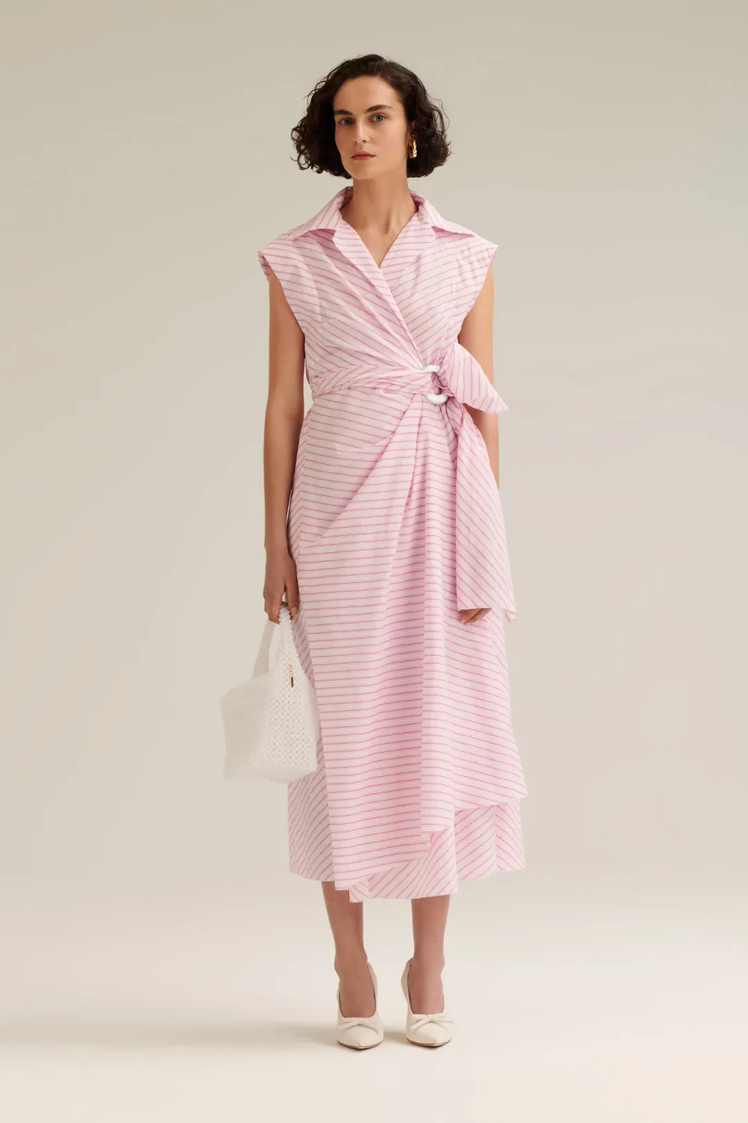 Scanlan Theodore Stripe Wrap Midi Dress Pink Size 8 for rent on The Volte - main image