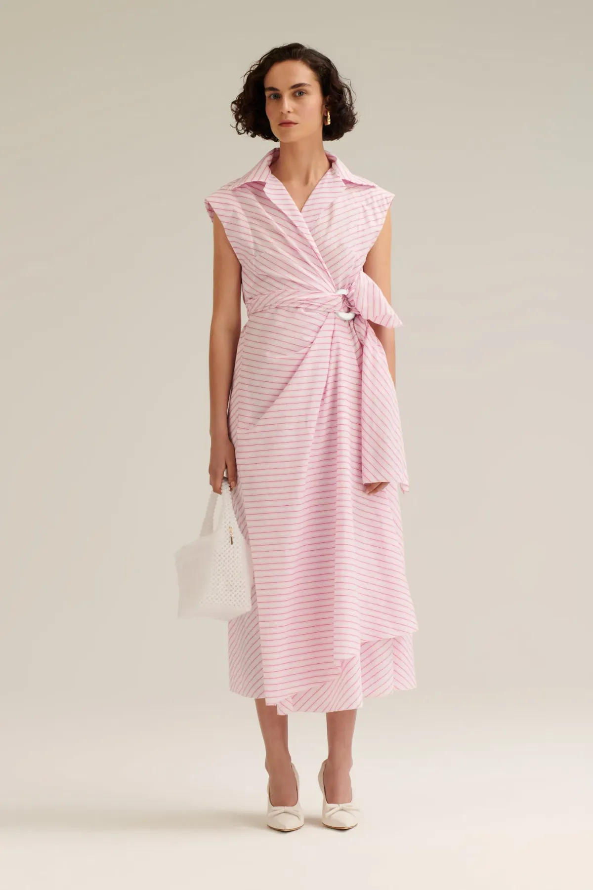 Scanlan Theodore Stripe Wrap Midi Dress Pink Size 8 for rent on The Volte - main image