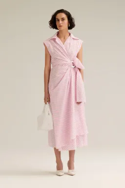 Scanlan Theodore Stripe Wrap Midi Dress Pink Size 8 for rent on The Volte - image 1