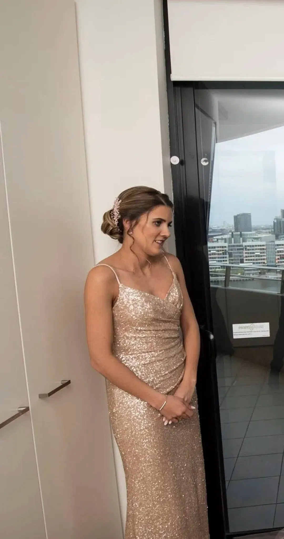 Sorella Vita 8884 Shoestring Floor Length Gown Gold Size 10 for rent on The Volte - main image