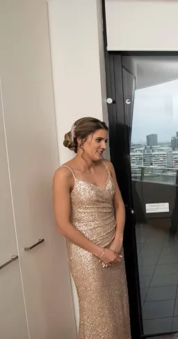 Sorella Vita 8884 Shoestring Floor Length Gown Gold Size 10 for rent on The Volte - image 2